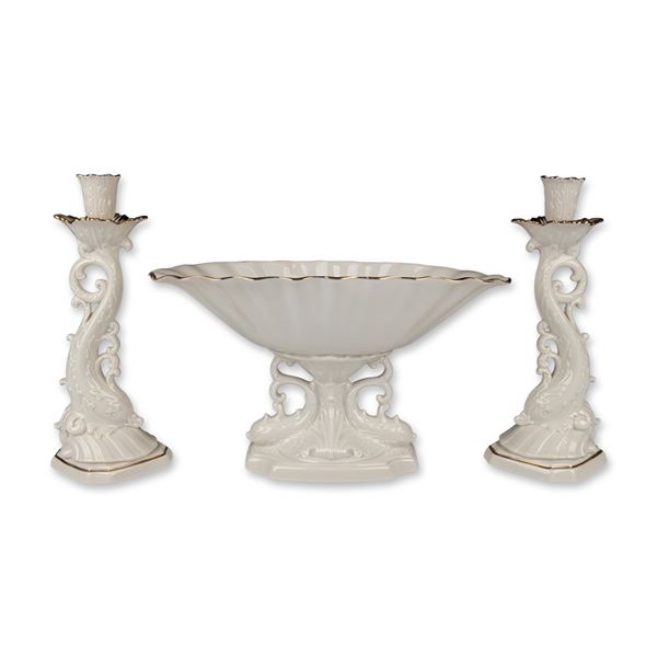 3pc Lenox Legacy Edition Porcelain Aquarius Centerpiece and Dolphin Candlesticks