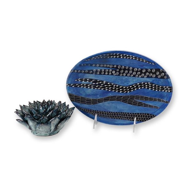 2pc Decorative Pieces Including a Ceramic Tray and Succulent Wall Sculpture