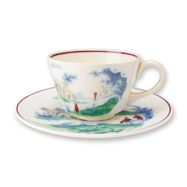 2pc Wedgwood Etruria Creamware Landscape Pattern Cup and Saucer, circa 1914