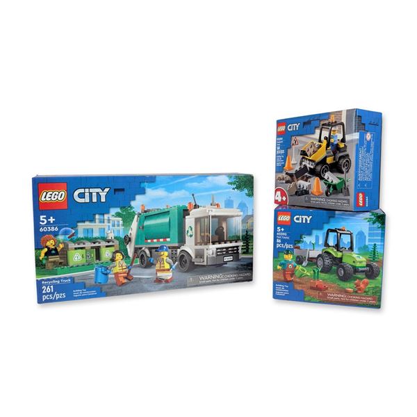 Three LEGO City Building Sets - Roadwork & Recycling Truck plus Park Tractor