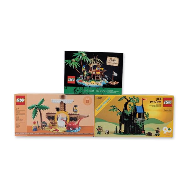 Three LEGO Building Sets - Ray The Castaway, Forest Hideout & Pirate Ship Playground