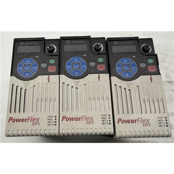 (3) Allen Bradley #25B-D4P0N104 Power Flex 525 Drives