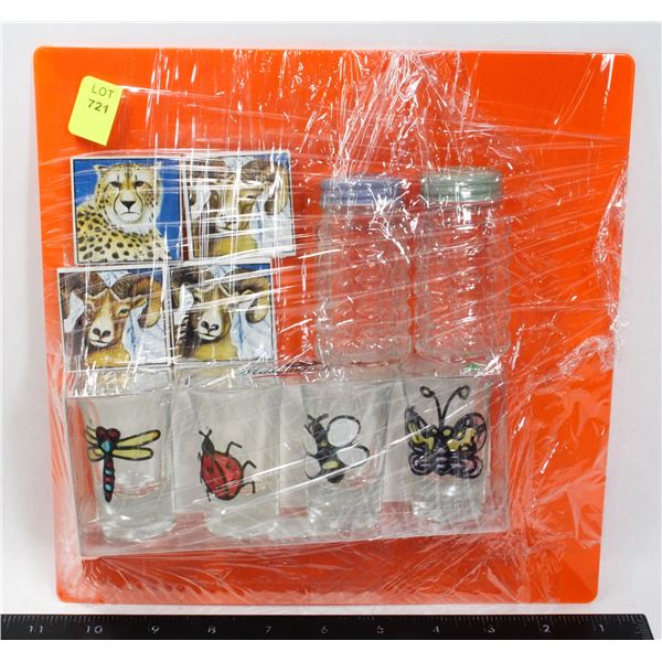HAND PAINTED INSECTS SHOT GLASSES, MAGNETS, SALT