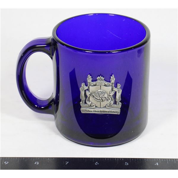 VINTAGE COBALT BLUE GLASS MUG WITH PEWTER CREST