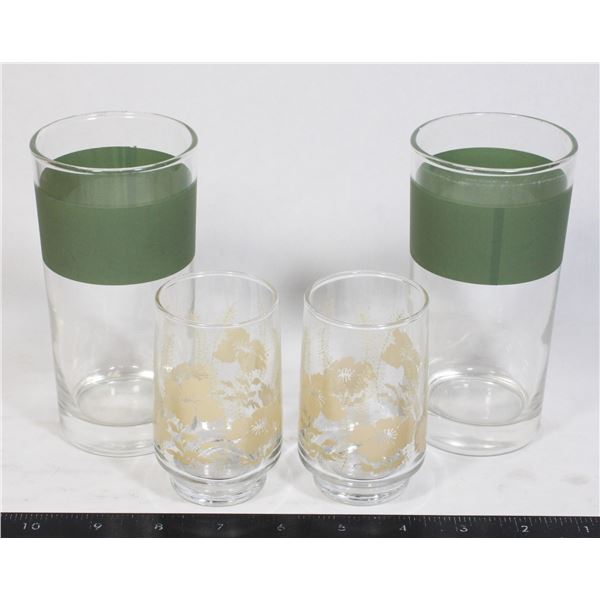 2 - 1970'S LIBBEY GLASSES AND 2 GREEN STRIPED