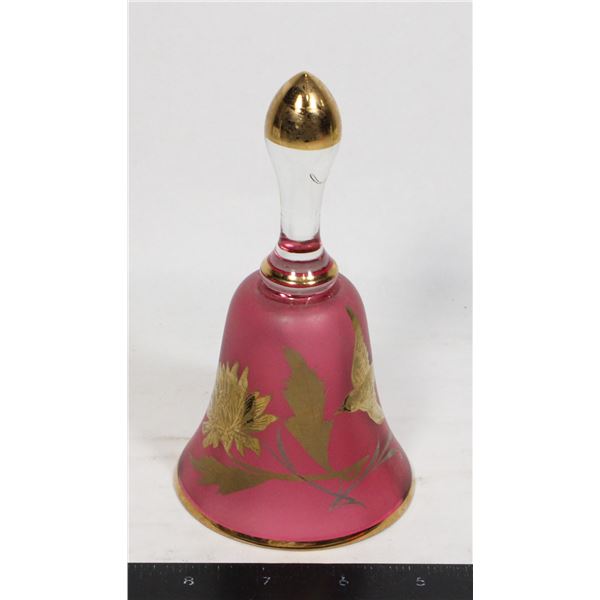 1960'S CRANBERRY GLASS BELL WITH GOLD FLORAL