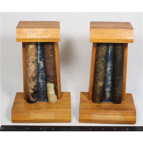 HEAVY, SOLID WOOD BOOK ENDS WITH AN UNKNOWN STONE