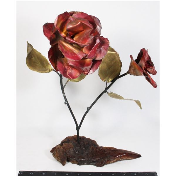 HANDMADE COPPER ROSES IN A BURL WOOD BASE
