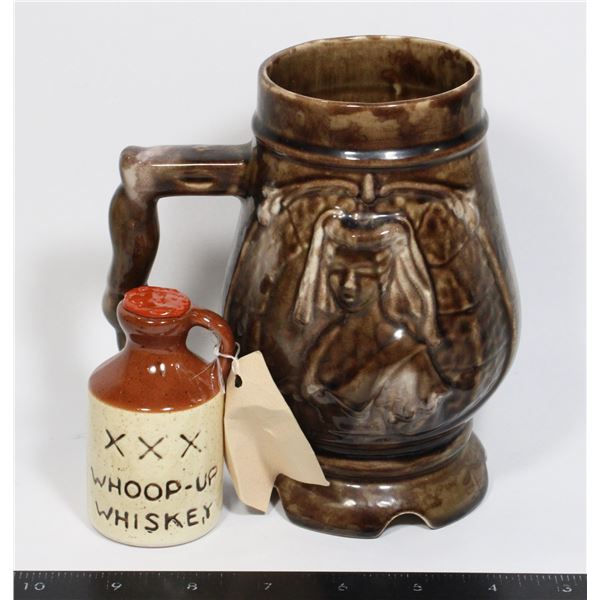 VINTAGE CERAMIC BEER MUG AND WHOOP-UP WHISKEY JUG