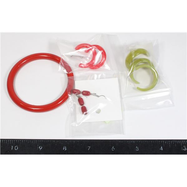 VINTAGE LUCITE HOOPS WITH CHERRY RED BANGLE AND