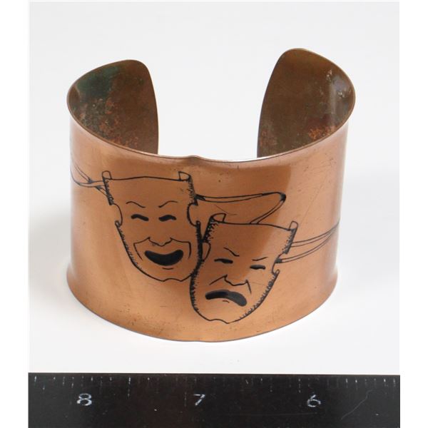 VINTAGE SOLID COPPER CUFF BRACELET - "COMEDY AND