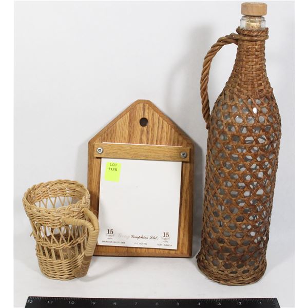 VINTAGE WICKER BOTTLE WITH HANDLE, WICKER CUP