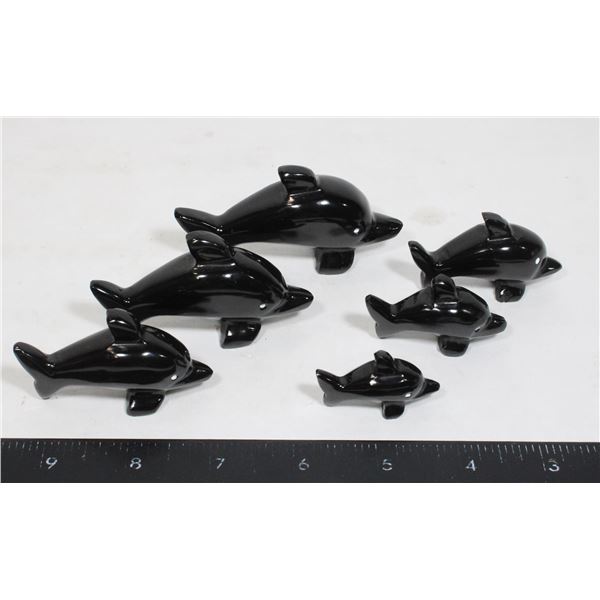 DOLPHIN FAMILY - 6 HAND CARVED BLACK OBSIDIAN