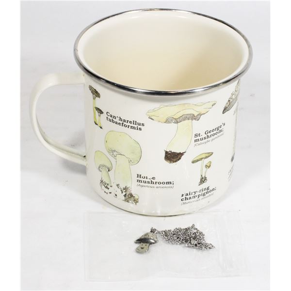 TIN METAL MUSHROOM MUG WITH A MUSHROOM NECKLACE