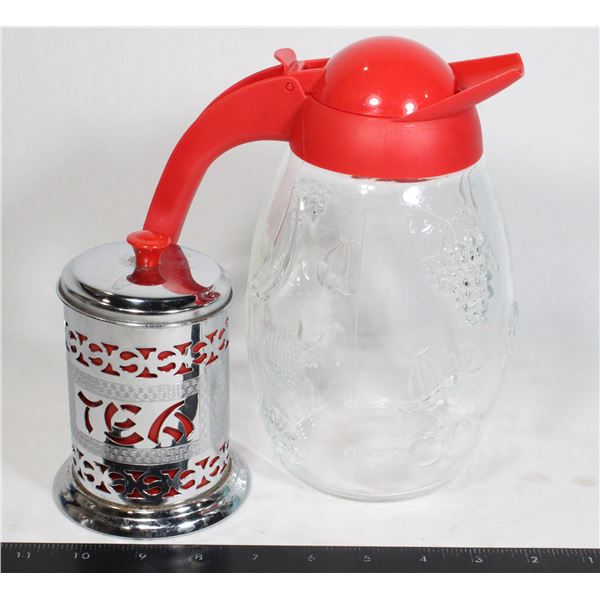 VINTAGE TEA CANISTER PLUS A JUICE JUG
