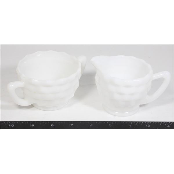 VINTAGE "CUBE" MILK GLASS CREAMER + SUGAR BOWL