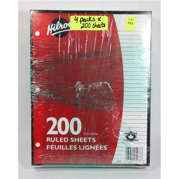 4 PACKS OF 200 LOOSE, RULED SHEETS