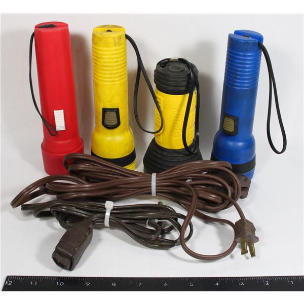 4 FLASHLIGHTS + 2 EXTENSION CORDS
