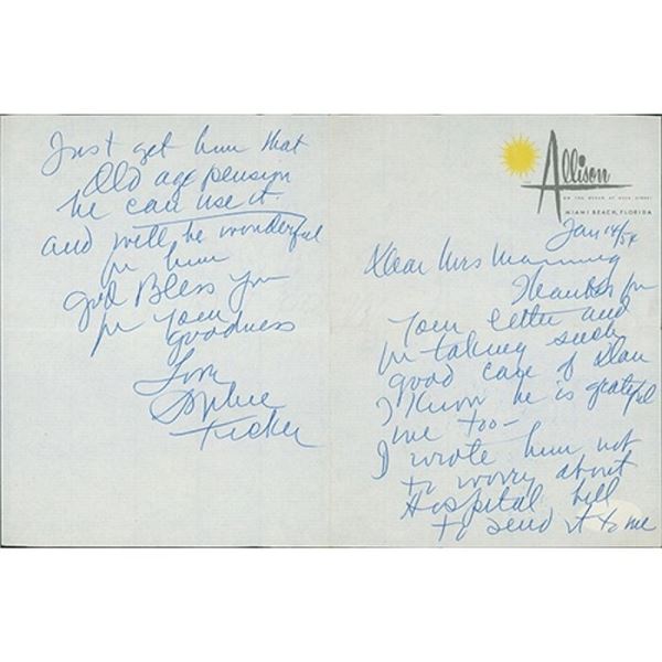 Follow The Boys Sophie Tucker Signed 6.5x10 Reply Letter Note JSA Authenticated