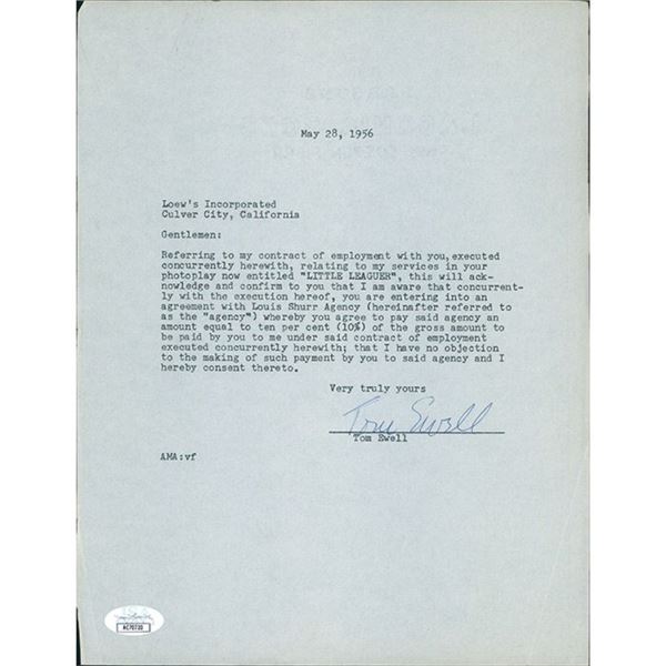The Seven Year Itch Tom Ewell Signed 8.5x11 Typed Letter JSA Authenticated