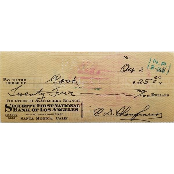 Football Coach Clark Shaughnessy double signed check