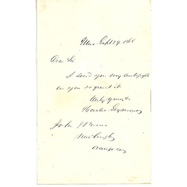New York Governor Horatio Seymour Signed Civil War Letter