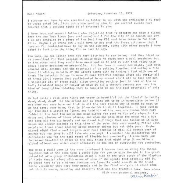 Gangster Alvin Karpis Typed Letter
