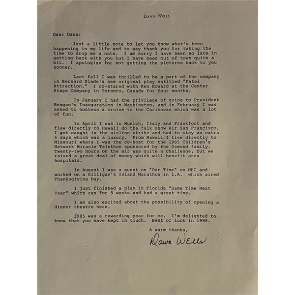 Gilligans Island Dawn Wells Signed Letter