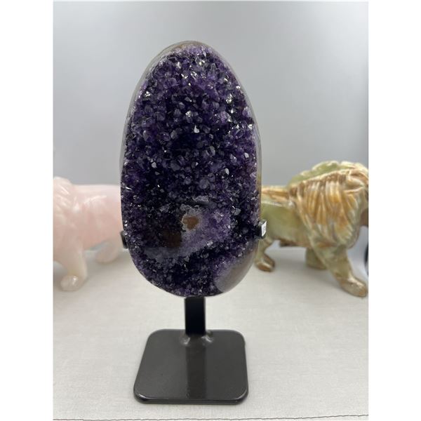 9.5 X 3.8 INCH HIGH GRADE URUGYAN AMETHYST CLUSTER ON METAL STAND
