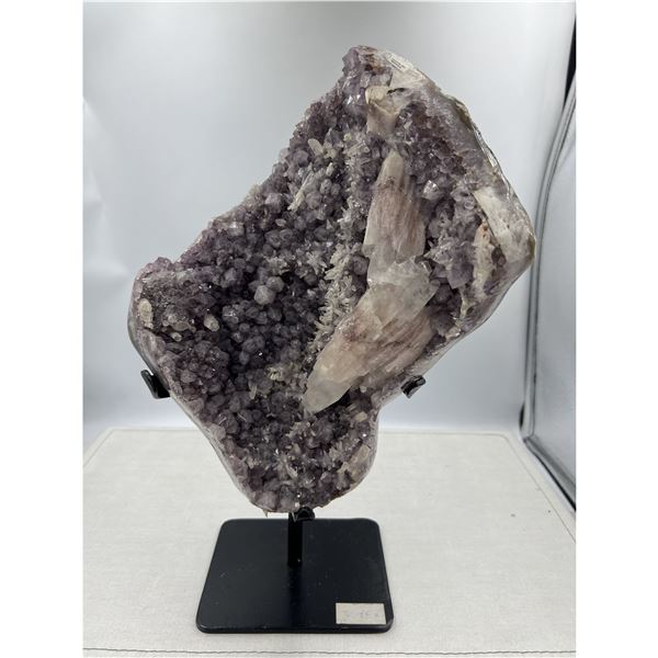 13 X 9 INCH AMETHYST WITH SUGAR COATED CALCITE ON STAND FROM BRAZIL