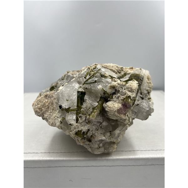 7 X 7 INCH GREEN AND PINK TOURMALINE IN CLEAR QUARTZ MATRIX