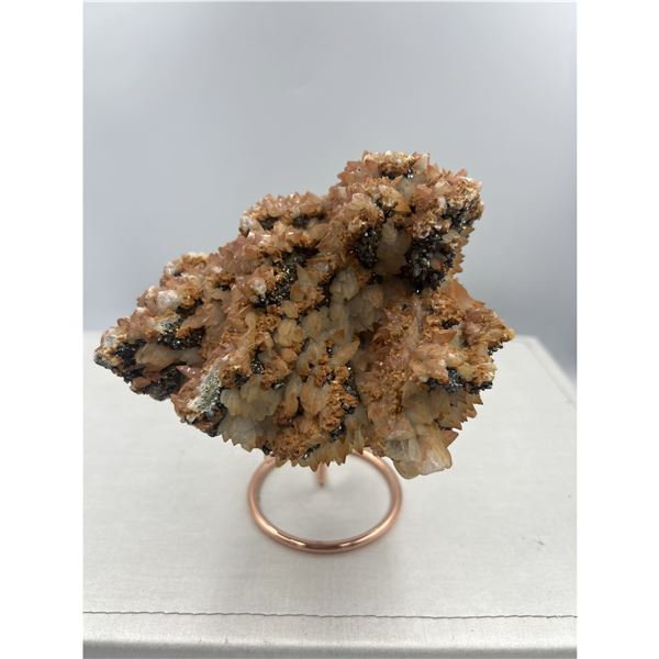 6 X 4.5 INCH DOG TOOTH RED CALCITE SPECIMEN WITH PYRITE ON STAND