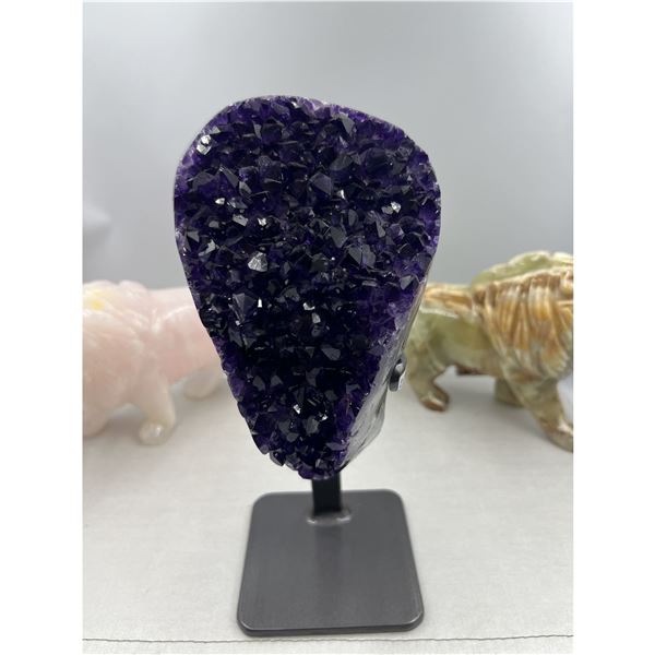 10 X 4.3 INCH HIGH GRADE URUGYAN AMETHYST CLUSTER ON METAL STAND