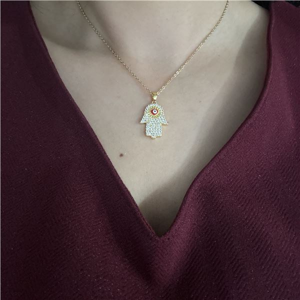 Gold finish evil eye hamsa hand necklace 18 carat