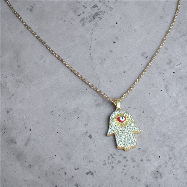 Gold finish evil eye hamsa hand necklace 18 carat