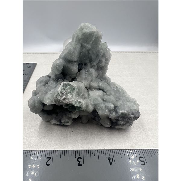 4 X4 INCH GREEN FLOURITE WITH SUGAR CALCITE SPECIMEN
