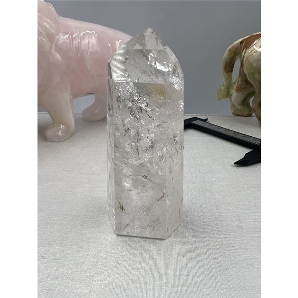 4 INCH CLEAR QUARTZ TOWER IN AURA INCULSION
