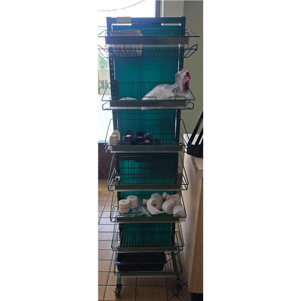 Green Rolling Multi-Tier Wire basket merchandise display stand - 17in x 22in x 64in H