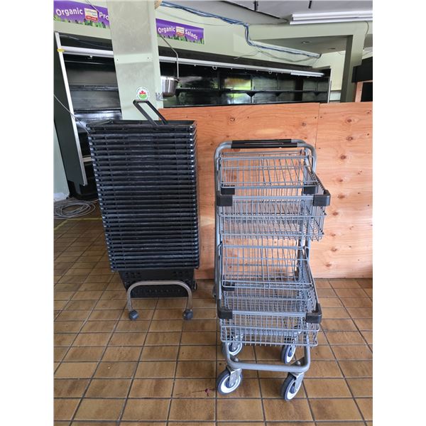 Group of grocery baskets on cart & shopping carts