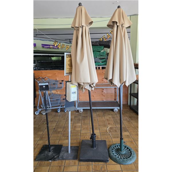Group of misc - Patio umbrellas, sanizer station, twist ease stand