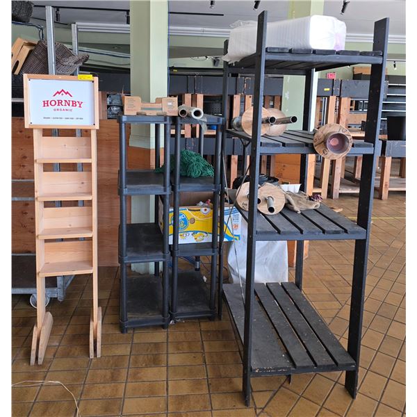 Group of assorted grocery stove shelving, floor mats, spray bottles