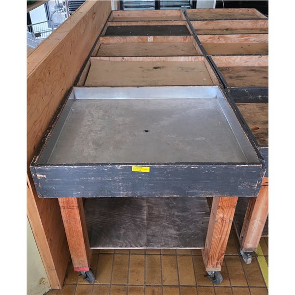5pc rolling produce merchandising display bin tables - approx. 38 x 32 x 38in H