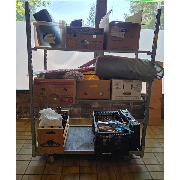 3 tier rolling shelf with contents - approx. 53in x 22in x 70 1/2in