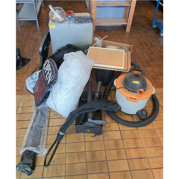 Group of misc, - Store Open signs, shop vac, approns etc.