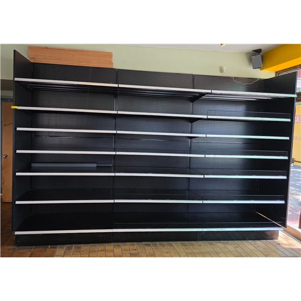 Commercial black metal gondola shelving unit with pegboard backing - entire unit approx. 12ft wide, 