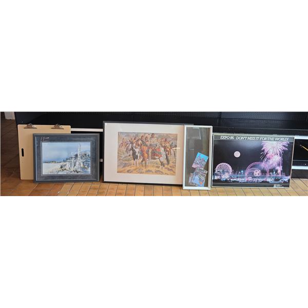 Group of assorted framed wall hangings