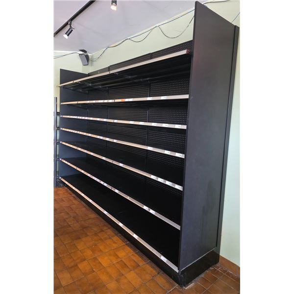 Commercial black metal gondola shelving unit with pegboard backing - entire unit approx. 11ft wide, 