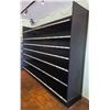Image 1 : Commercial black metal gondola shelving unit with pegboard backing - entire unit approx. 11ft wide, 