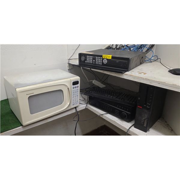 Assorted electronics - Panasonic microwave, Digital Watchdog, Lenovo ThinkCentre PC, Sony FM Stereo 