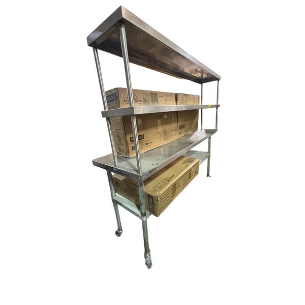 commercial stainless steel work table equipped with a double-tier overshelf